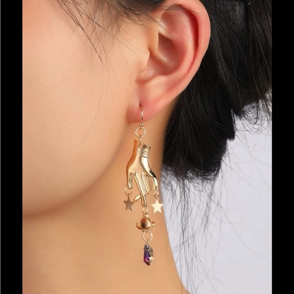 Gold Hand and Star Dangle Earrings - Picture 3 of 6